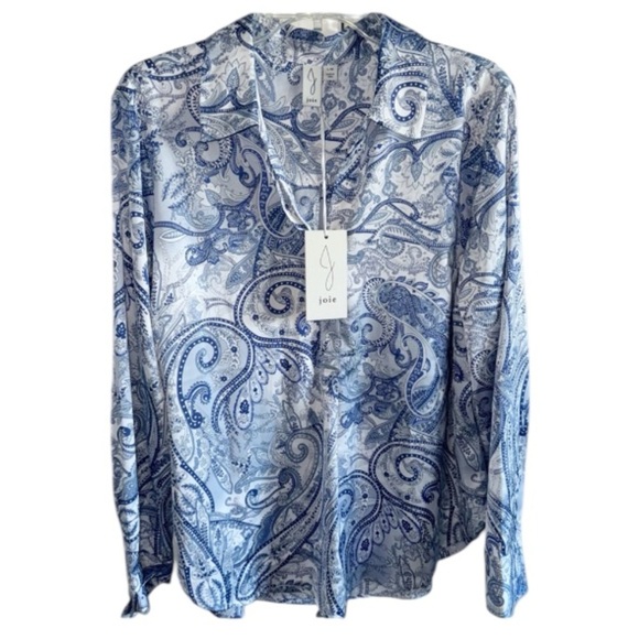 Joie Paisley Blue/White Blouse Button Front Sz Large Satiny - Picture 2 of 11